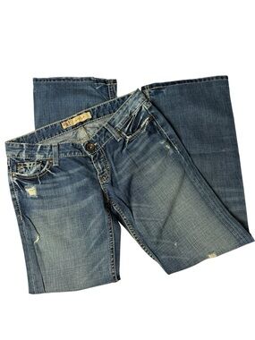 BKE Women's Faded Blue Bootcut Jeans with Distressed Accents